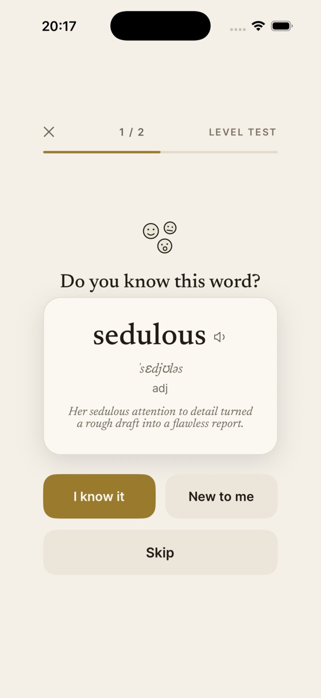 Lexfall's level test asking whether you know the word sedulous